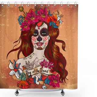 Personality  Girl With Sugar Skull, Day Of The Dead Shower Curtains