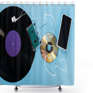 Personality  Top View Of Vintage Vinyl Record, Compact Disk, Earphones, Audio Tape And Smartphone With Blank Screen On Blue, Evolution Concept  Shower Curtains