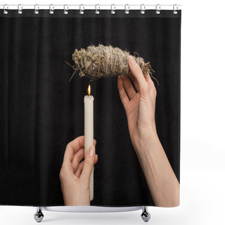 Personality  Cropped View Of Shaman Holding Herbal Smudge Stick Above Burning Candle Isolated On Black  Shower Curtains