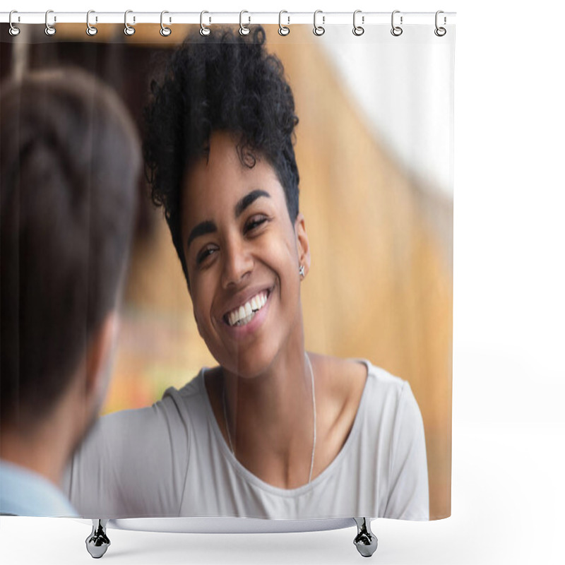 Personality  Smiling Happy African American Woman Looking At Man, Black Excited Girlfriend Having Conversation With Boyfriend, Acquaintance, Compliment, First Impression, Good Date Concept, Close Up Shower Curtains