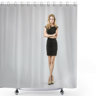 Personality  Beautiful Woman In Black Dress On Gray Backgound Shower Curtains