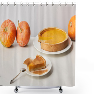 Personality  Delicious Pumpkin Pie With Cinnamon Powder Near Whole Ripe Pumpkins On White Marble Surface Isolated On Grey Shower Curtains