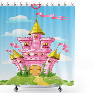Personality  Magical Fairytale Pink Castle With Flags On Summer Background Shower Curtains