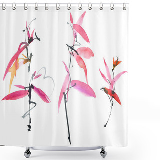 Personality  Watercolor And Ink Illustration - Blossom Plant With Leaves, Pink Flowers And Buds. Sumi-e Art. Shower Curtains