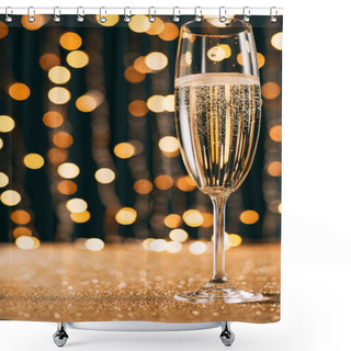 Personality  One Glass Of Champagne On Garland Light Background, Christmas Concept Shower Curtains