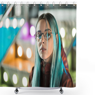 Personality  Hipster Girl With Blue Dyed Hair And Golden Sequins As Freckles. Woman With Nose Piercing, Transparent Glasses, Ears Tunnels, Unusual Hairstyle Stands In Amusement Night Park. Shower Curtains