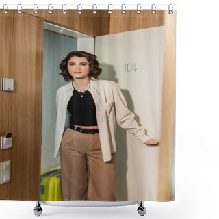 Personality  Delighted Woman In Stylish Clothes, White Shirt And Beige Pants, With Wavy Brunette Hair, Holding Yellow Suitcase And Opening Door Of Modern Hotel Room With Secure Entry And Keyboard Access Shower Curtains