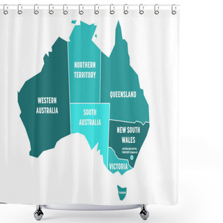 Personality  Simplified Map Of Australia Divided Into States And Territories. Turquoise Blue Flat Map With White Borders And White Labels. Vector Illustration Shower Curtains