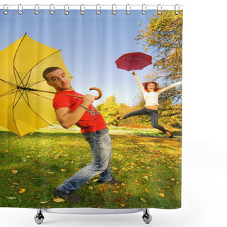 Personality  Funny Couple With Umbrellas On Autumn Background (focus On A Guy Shower Curtains
