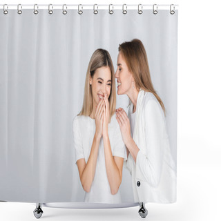 Personality  Cheerful Mother Whispering In Ear Of Smiling Daughter Isolated On Grey Shower Curtains