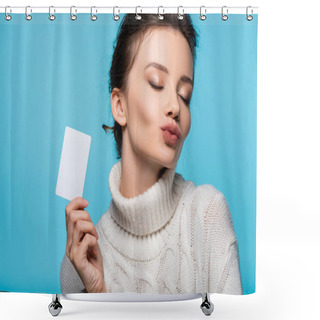 Personality  Brunette Woman In Cozy Sweater Blowing Air Kiss And Holding Blank Card Isolated On Blue Shower Curtains