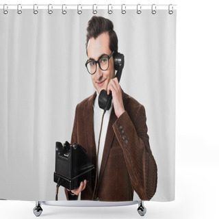 Personality  Smiling Man In Eyeglasses And Velvet Blazer Talking On Vintage Phone Isolated On Grey Shower Curtains
