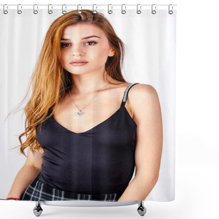 Personality  Fashion Woman White Background Studio Shoot Black Top Shower Curtains