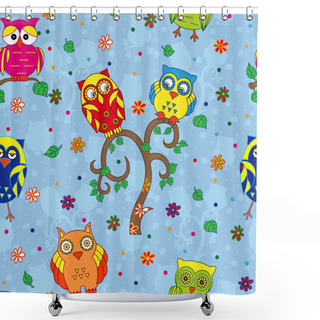 Personality  Funny Owls And Tree Seamless Pattern Over Blue Shower Curtains