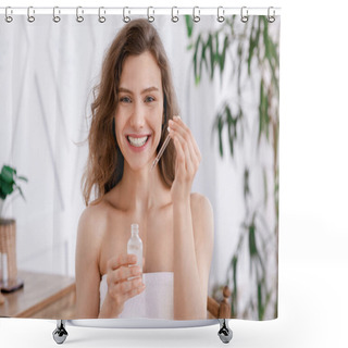 Personality  Happy Girl In Towel Holding Facial Serum Shower Curtains