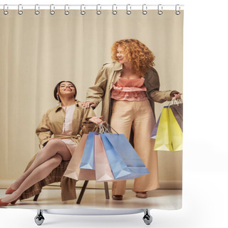 Personality  Happy Redhead Woman Laughing With African American Girl Sitting On Chair With Shopping Bags On Beige  Shower Curtains
