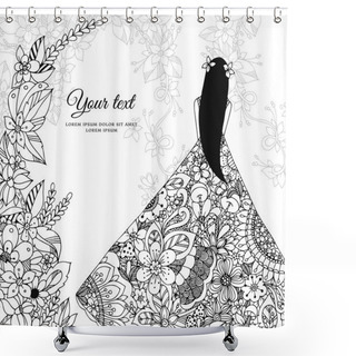 Personality  Vector Illustration Zen Tangle Girl In A Floral Dress. Doodle Flowers, Tree. Coloring Book Antis Stress For Adults. Black White. Shower Curtains