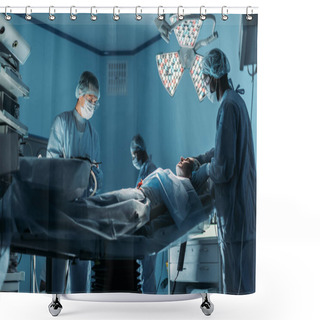 Personality  Multicultural Doctors Preparing Patient For Surgery In Operating Room Shower Curtains