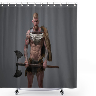 Personality  Strong Viking Fighter With Fur Holding Two Handed Axe Shower Curtains