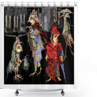 Personality  A Night Winter Street Filled With Creepy Birds In Coats Shower Curtains