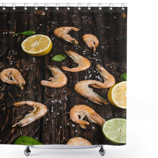 Personality  Close-up View Of Delicious Shrimp With Citrus Fruits And Basil Leaves On Rustic Wooden Table    Shower Curtains