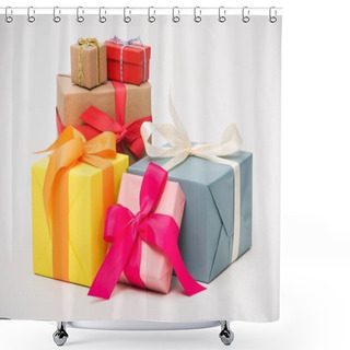 Personality  Close-up View Of Various Colorful Gift Boxes Isolated On White Shower Curtains