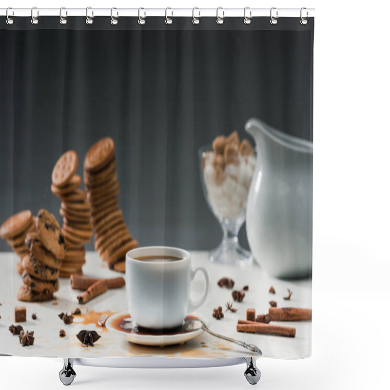 Personality  Cup With Spilled Coffee On Table With Biscuits And Spices Shower Curtains