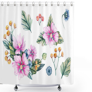 Personality  Watercolor Illustrations With Bouquets Of Wildflowers For A Wedding. Floral Card With Pink Flowers, Leaves And Buds Of Mallow. Autumn, Summer And Spring Seasons. For Wedding Greetings, Greeting Cards. Shower Curtains