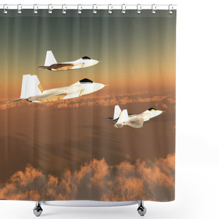 Personality  Three F-22 Fighter Jets With Supersonic Twin-engines Cruise Over The Cloud Layer On Their Mission. Shower Curtains