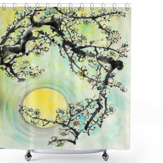 Personality  Flowering Plum Branch On The Background Of The Sun Shower Curtains