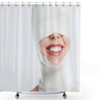 Personality  Close Up Of Woman Face With White Bandages And Smile Isolated On White Shower Curtains