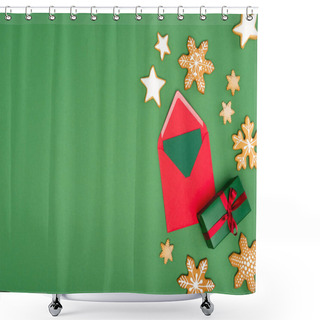 Personality  Top View Of Red Envelope With Card Near Baked Snowflakes And Stars On Green Background With Copy Space Shower Curtains