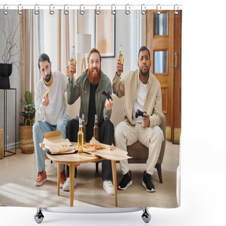 Personality  Three Handsome Men Of Different Races, Dressed Casually, Enjoy A Cozy Evening At Home, Chatting And Laughing While Holding Wine Glasses. Shower Curtains