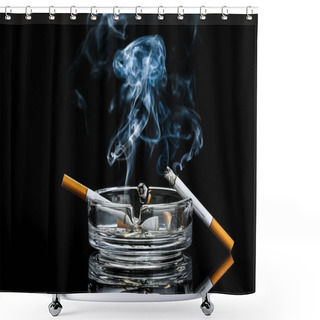 Personality  Ash Tray With Burning Cigarettes On Dark Background Shower Curtains