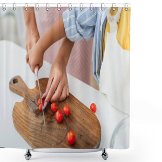 Personality  Cropped View Of African American Kid Holding Hand Of Mother With Knife Cutting Cherry Tomatoes In Kitchen  Shower Curtains