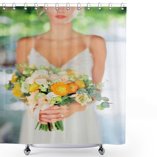 Personality  Bouquet Of Flowers In The Hands Of The Bride. Cropped. High Quality Photo Shower Curtains