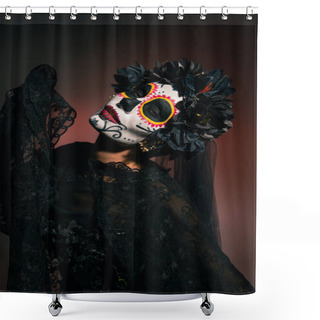 Personality  Woman In Black Costume And Cartina Makeup Looking At Camera On Burgundy Background  Shower Curtains