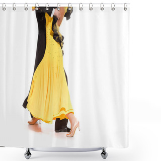 Personality  Cropped View Of Elegant Young Couple Of Ballroom Dancers Dancing On White Shower Curtains