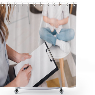 Personality  Cropped Shot Of Psychologist With Clipboard Sitting In Front Of Little Child In Office Shower Curtains