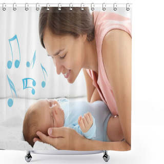 Personality  Mother With Sleeping Baby On Bed. Lullaby Songs And Music Concept Shower Curtains