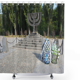 Personality  KYIV, UKRAINE - SEPTEMBER, 29, 2020: A Menorah Memorial With Floral Tribute To Commemorate Jewish Victims Of Holocaust Located In Babi Yar, Kyiv. Shower Curtains