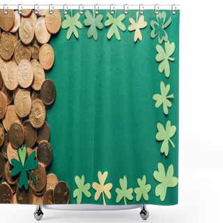 Personality  Top View Of Shamrock And Golden Coins On Green, St Patricks Day Concept Shower Curtains