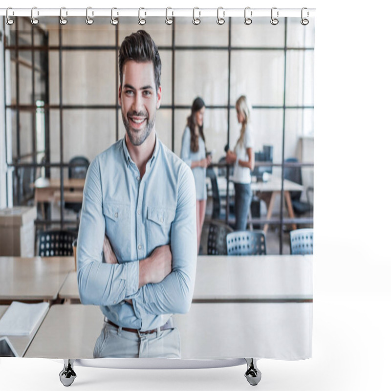 Personality  handsome young businessman with crossed arms smiling at camera in office shower curtains