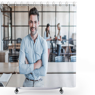 Personality  Handsome Young Businessman With Crossed Arms Smiling At Camera In Office Shower Curtains