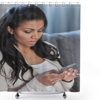 Personality  Woman Sitting On Sofa With Smartphone Shower Curtains