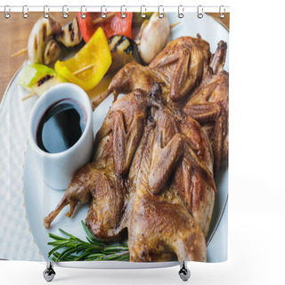 Personality  Close-up View Of Roasted Chickens With Grilled Vegetables And Sauce On Plate Shower Curtains