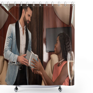 Personality  Handsome, Elegant Man Presenting Gift Box To Smiling African American Woman In Private Plane Shower Curtains