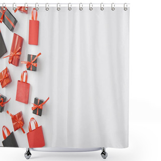Personality  Top View Of Black And Red Presents And Shopping Bags On White Background Shower Curtains