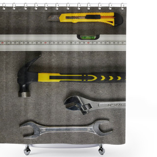 Personality  Spirit Level, Hammer, Adjustable Wrench Ans Spanner On Gray Surface Shower Curtains