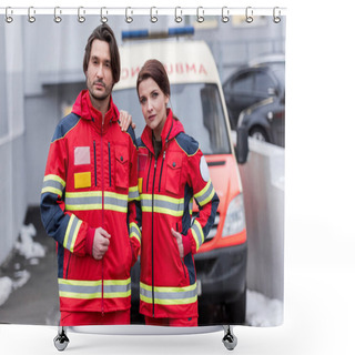 Personality  Tired Paramedics In Red Uniform Standing In Front Of Ambulance Car Shower Curtains